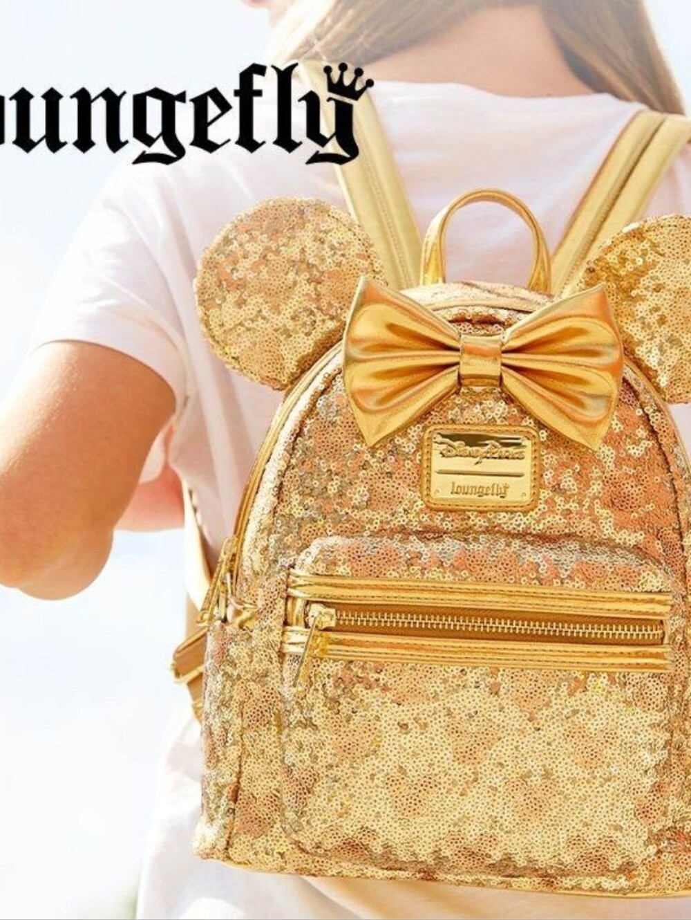 DisneyParks Minnie Mouse Gold Sequin Loungefly Mini Backpack Brand New With Tag - Picture 2 of 6